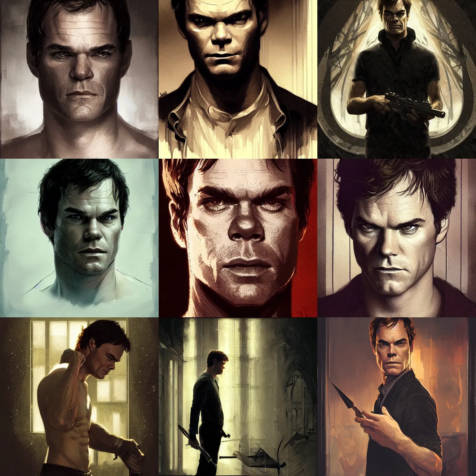 Prompt: Dexter Morgan, dark noir, dark light night, intricate, elegant, sharp focus, illustration, highly detailed, digital painting, concept art, matte, art by WLOP and Artgerm and Greg Rutkowski and Alphonse Mucha, masterpiece