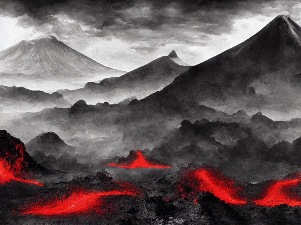 Prompt: majestic landscape of volcanic mountains, obsidian, ashes in the air, big, beautiful, monochromatic red, matte painting, by franzzeta