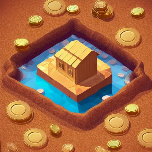 Image similar to boat in the dessert filled with coin and jewl collectables, game concept, low poly, horizontal view