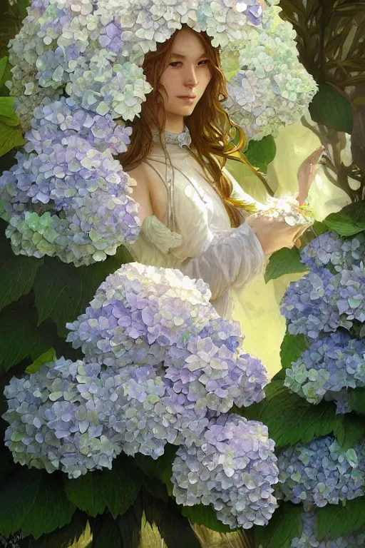 Prompt: Garden Hydrangea, D&D, fantasy, highly detailed, digital painting, artstation, concept art, sharp focus, illustration, art by artgerm and greg rutkowski and alphonse mucha