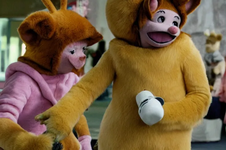 Image similar to photo, emma watson as furry rat, teletubbies around, eats cheese, highly detailed, intricate details
