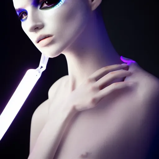 Image similar to high fashion photography of a model in neo futurism white sci - fi neon light led makup, transparent cloth, beautifully lit