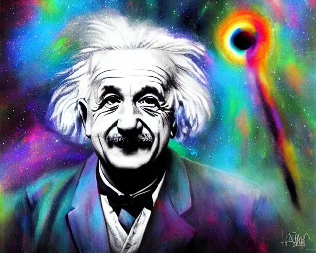 Prompt: albert einstein holding a black hole, psytrance portrait artwork, by sam spratt and ondrash