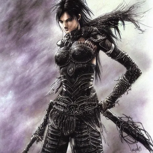 Image similar to female warrior, black hair, cinematic, by luis royo