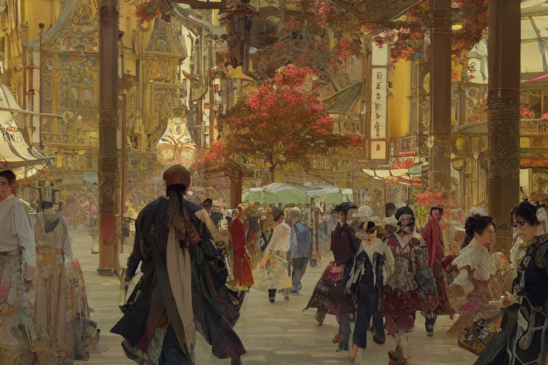 Prompt: a beautiful realistic painting of osaka castle festival, intricate, elegant, highly detailed, digital painting, artstation, concept art, by krenz cushart and artem demura and alphonse mucha