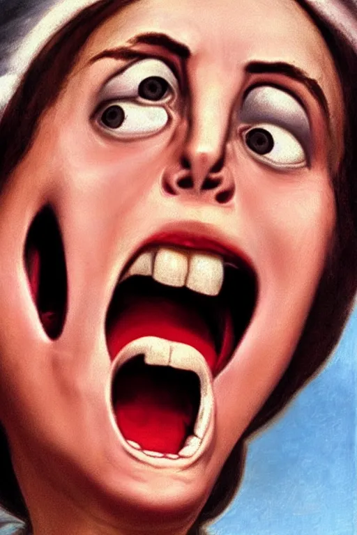 Image similar to beautiful woman, screaming face, closeup, dressed in roman clothes, ultra detailed, art by Guido Reni style