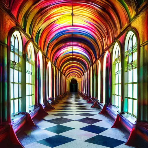 Image similar to a long colorful asylum hallway, arched ceiling, one point perspective, vanishing point, symmetrical composition, rich colors, dramatic lighting, by lee madgwick, photorealistic, v - ray render 8 k uhd