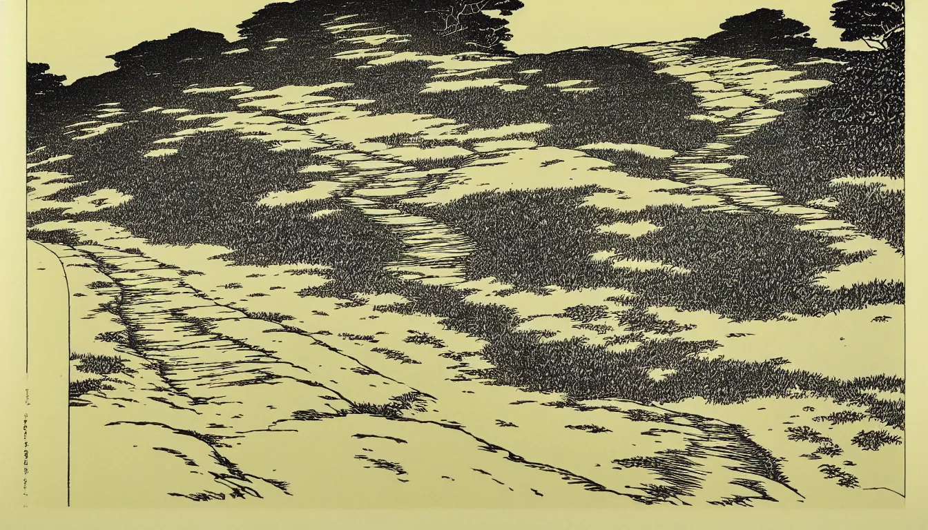 Image similar to path down the hill to the beach by woodblock print, moebius
