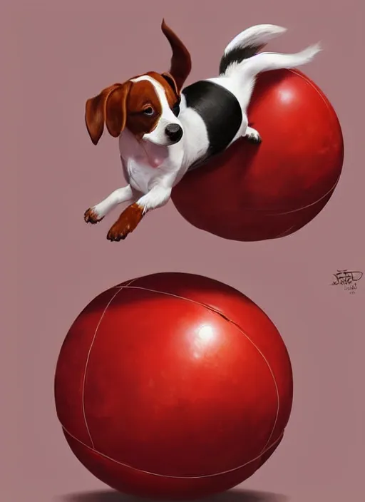 Image similar to adorable jack russel terrier jumping over a red exercise ball, fantasy art, artstation character design contest winner, trending on cgsociety, concept art, speedpaint, beautiful digital art, jesper ejsing, james jean, justin gerard, fenghua zhong, makoto shinkai, highly detailed