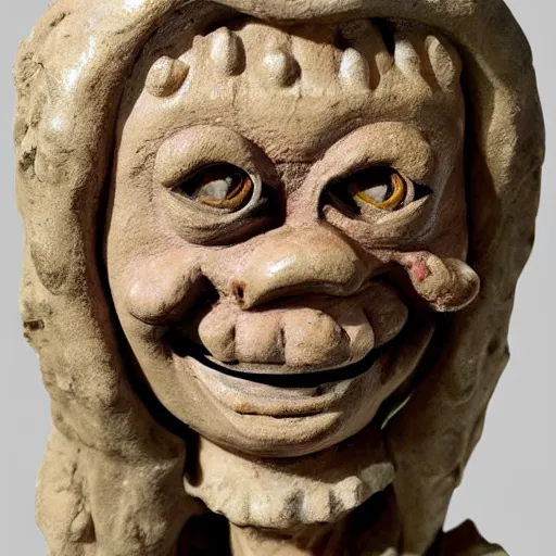 Image similar to grotesque medieval sculpture of howdy doody, detailed rough stone texture