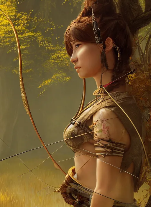 Image similar to Beautiful art portrait of a female fantasy archer at a temple surrounded by lush spring golden forest, atmospheric lighting, intricate detail, cgsociety, hyperrealistic, octane render, RPG portrait, ambient light, dynamic lighting