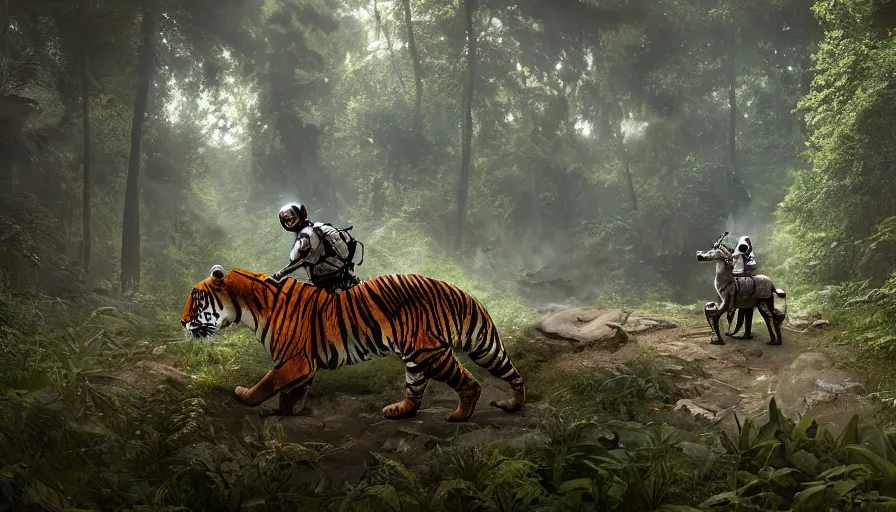 Prompt: american astronaut in an indian forest riding a tiger, plants environment, wide angle, cinematic lighting, atmospheric, ultrarealistic, trending on artstation, cgsociety, highly detailed, color graded, in the style of craig mullins, rendered in Unreal Engine 4k HQ, shadow of the tomb rider