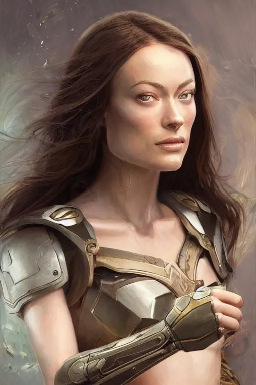 Image similar to a professional painting of a young Olivia Wilde, clothes in military armor, olive skin, long dark hair, beautiful bone structure, symmetrical facial features, intricate, elegant, digital painting, concept art, smooth, sharp focus, illustration, from StarCraft by Ruan Jia and Mandy Jurgens and Artgerm and William-Adolphe Bouguerea