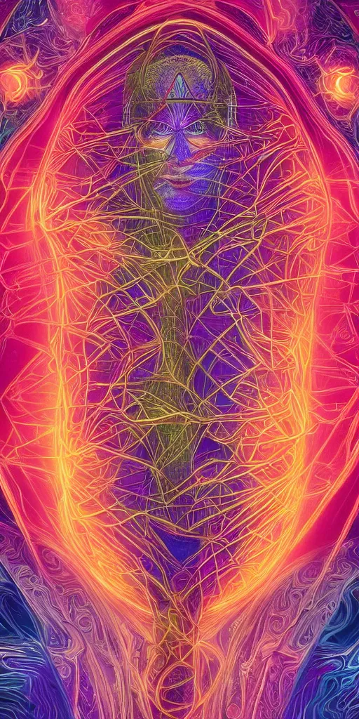 Image similar to ai transcendence into collaborative intelligence, connectedness, body, by alex grey, album cover, award winning, beautiful, colorful, volumetric lighting, trending on artstation, cinematic