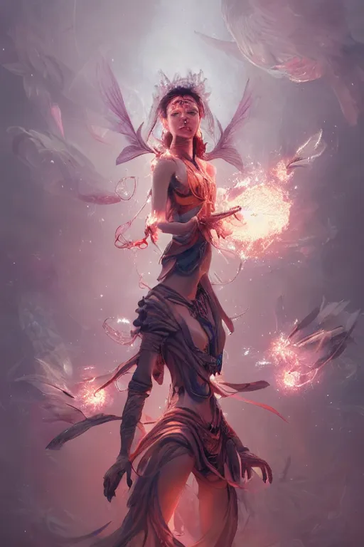 Image similar to beautiful girl necromancer, witch - doctor exploding into flowers, angels, 3 d render, hyper - realistic detailed portrait, holding electricity and birds, ruan jia, wlop. scifi, fantasy, hyper detailed, octane render, concept art, peter mohrbacher