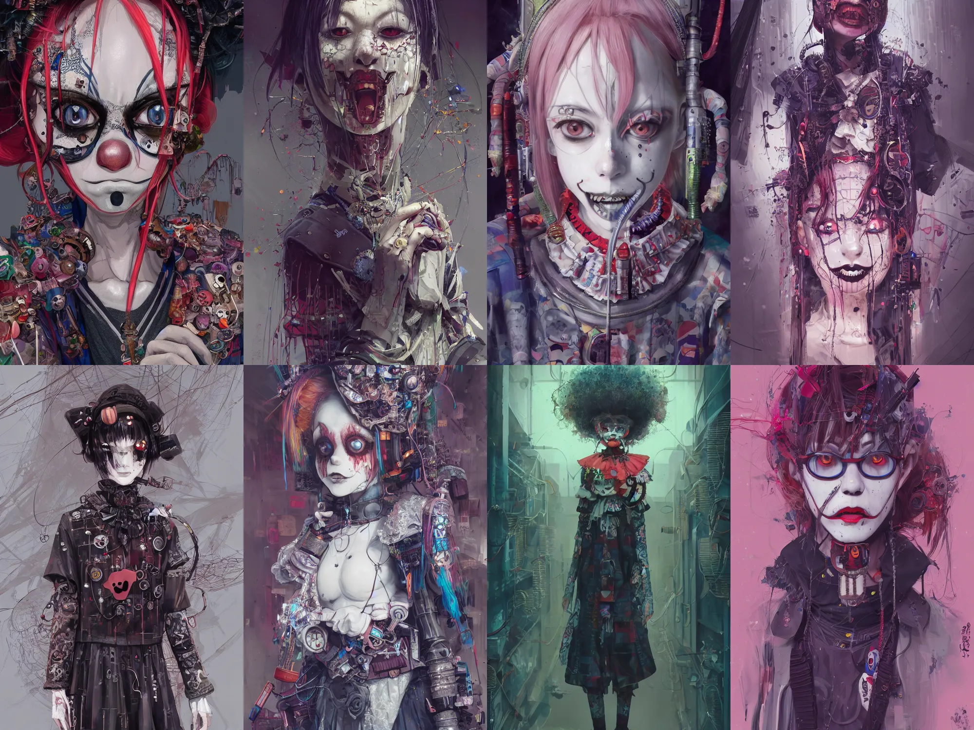 Image similar to by kyoto animation, very creepy clown girl, wearing cyberpunk intricate streetwear, beautiful, detailed portrait, intricate complexity, ilya kuvshinov, cell shaded, 4 k, concept art, by wlop, ilya kuvshinov, artgerm, krenz cushart, greg rutkowski, sharp focus, volumetric lighting, cinematic lighting, studio quality