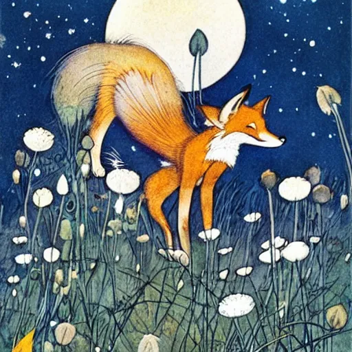 Prompt: a fox pouncing in a moonlit field of flowers, by warwick goble and kay nielsen