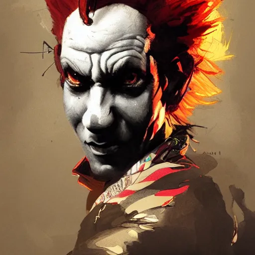 Image similar to portrait of the gay clown, dramatic lighting, illustration by greg rutkowski, yoji shinkawa, 4 k, digital art, concept art, trending on artstation