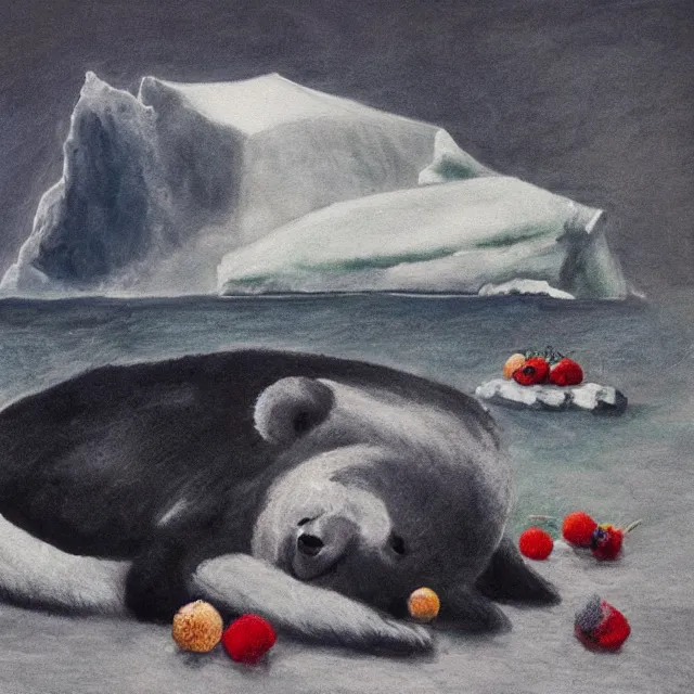 Image similar to a female art student falling asleep, misty, iceberg, black paint, dark, sensual, polar bear, cloudy, squashed berries, octopus, neo - impressionist, surrealism