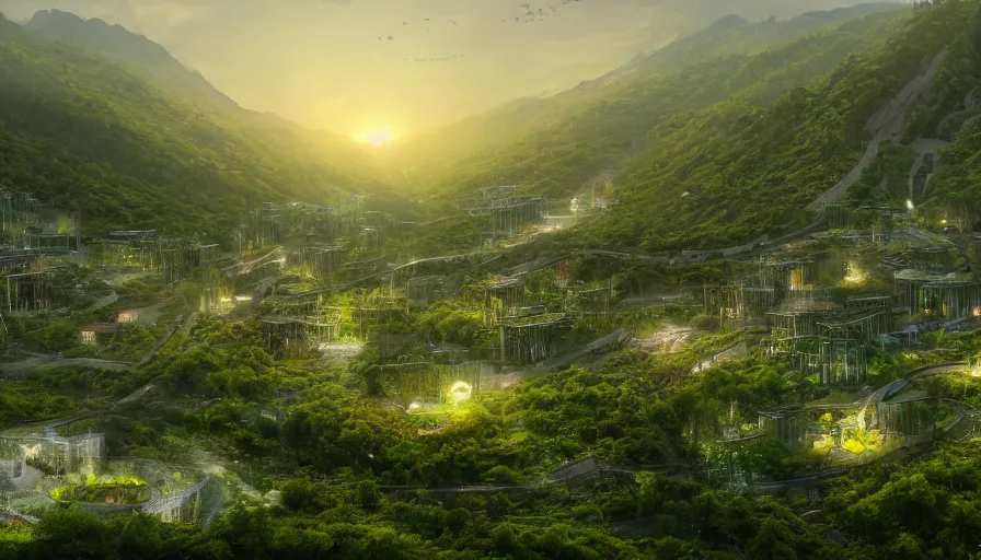 Prompt: Huge ecological city built in the heart of the green mountains in the evening, hyperdetailed, artstation, cgsociety, 8k