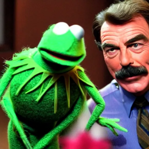 Prompt: Tom Selleck in the muppets with Kermit the frog