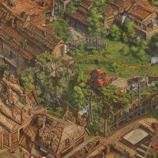 Image similar to a detailed painting of a topdown battlemap from 9 0 degrees angle of a medieval town, special areas marked with transparent red circles, dnd encounter, night, dark fantasy, extremely detailed, no people, photorealistic, octane render, 8 k, unreal engine 5. art by artgerm and greg rutkowski and alphonse mucha