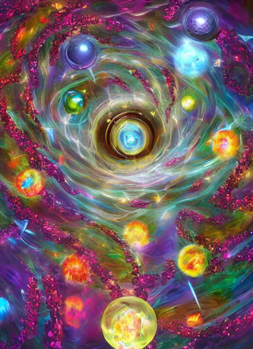 Image similar to An epic fantastic realism comic book style painting of the most beautiful spiraling entwined flowers launched exquisitely across the bright spinning universe, floating bouquets, fisheye, perfect shiny iridescent silver spheres, unreal 5, DAZ, hyperrealistic, octane render, dynamic lighting