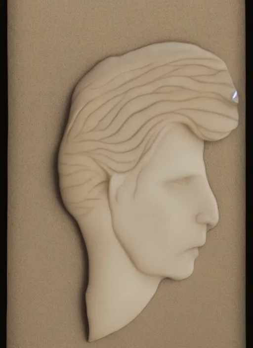 Image similar to a woman's face in profile, made of exquisitely carved ivory, in the style of the Dutch masters and Gregory Crewdson, dark and moody