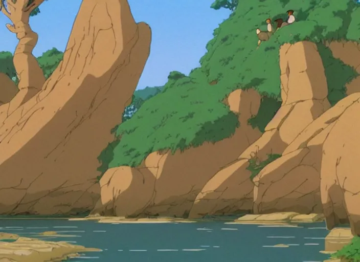 Image similar to bathed in sun, pleasing appealing smooth flat rocky environment sunningrocks by the river's shore, forest clearing, still placid environment matte painting from studio ghibli and the fox and the hound ( 1 9 8 1 )