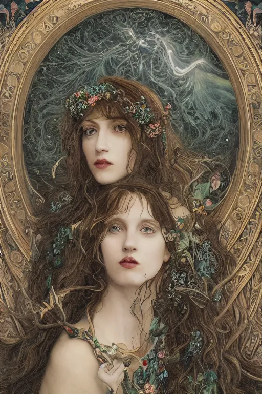 Image similar to An extremely beautiful pre-raphaelite ornate portrait of a very beautiful witch, surreal, ultradetailed, intricate, elegant, digital art painting, concept art, smooth, sharp focus, magazine art cover illustration, regal, award winning picture, extremely detailed masterpiece, sense of awe, featured on Artstation, Artgerm, ethereal bubbles, Aetherpunk, atmospheric lightning, Exquisite floral details, 8K detail post-processing, oil painting