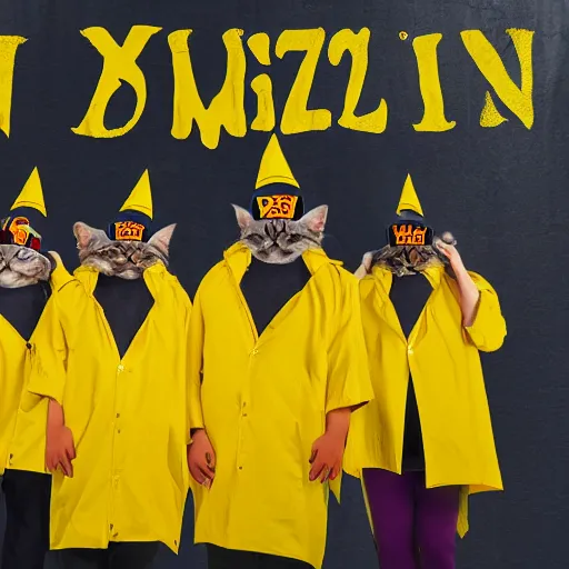 Image similar to cat wizards dressed in yellow raincoats. A banner that reads 'Wiz Biz only, Fools' adorns the back wall. Hypermaximalistic, hyper detailed 4k resolution