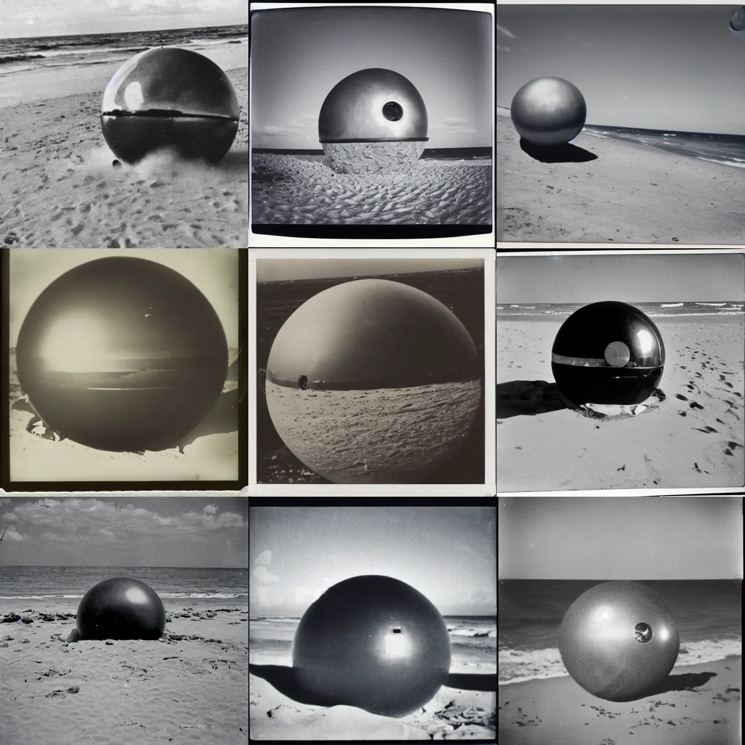 Prompt: 1 9 5 0 s polaroid photo of a spherical alien spaceship crashed on the beach