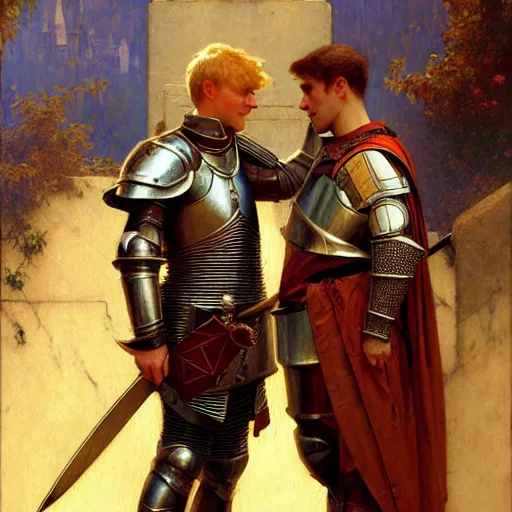 Image similar to attractive arthur pendragon and his attractive male knight, they are in love, natural lighting, path traced, highly detailed, high quality, digital painting, by gaston bussiere, craig mullins, alphonse mucha j. c. leyendecker