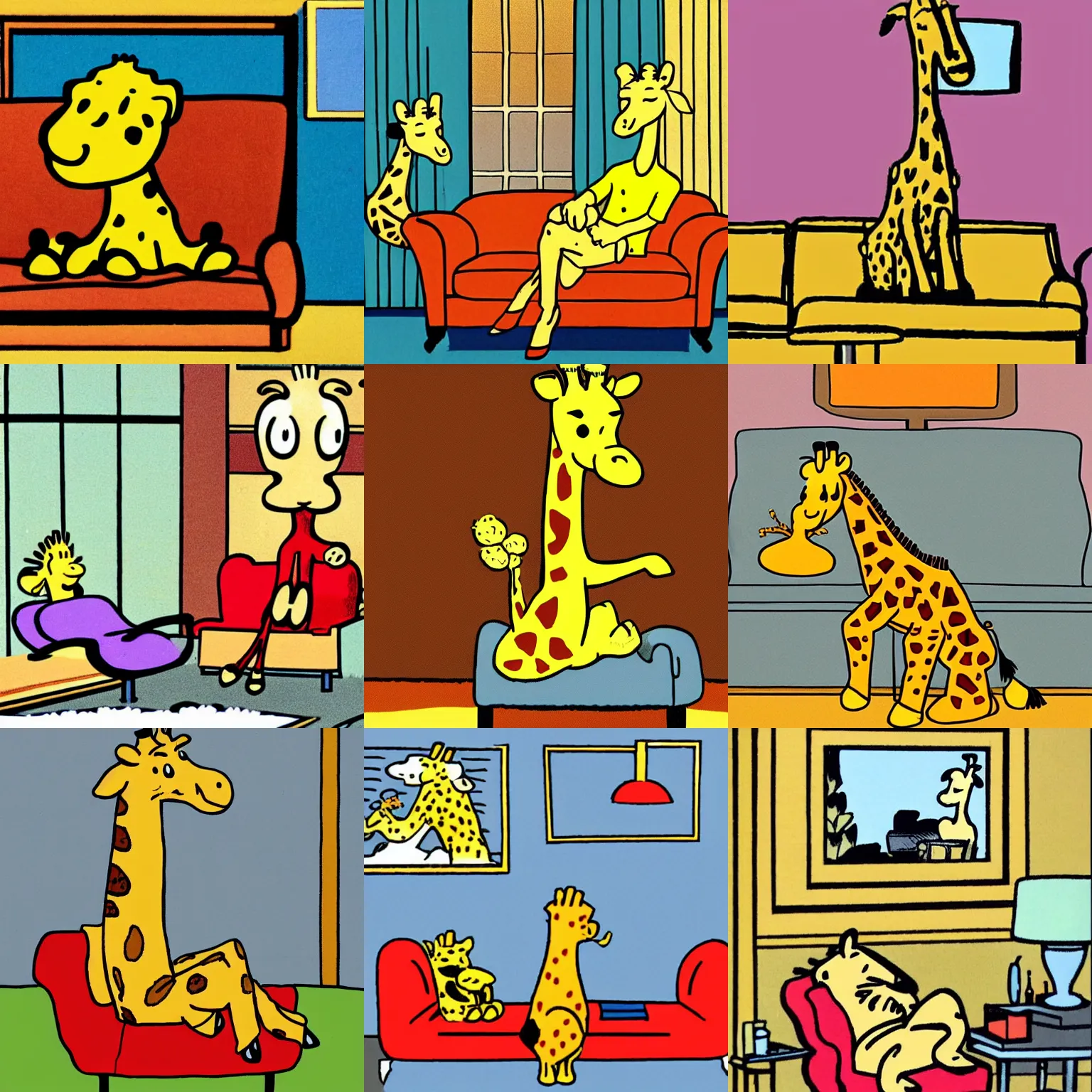 Prompt: a cute cartoon giraffe sitting on a sofa watching TV, Hergé