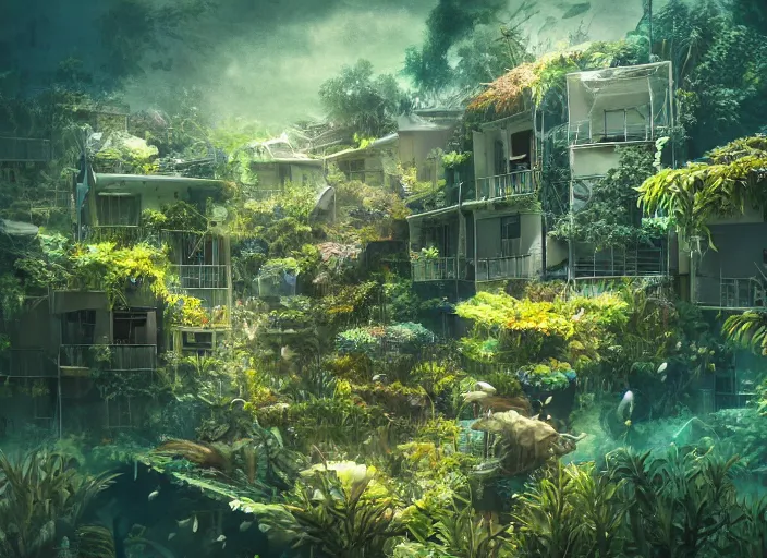 Image similar to overgrown foliage overtaking favela, underwater environment, buildings, coral, scenery, professional, award - winning, trending on artstation, detailed, realistic, beautiful, emotional, shiny, golden, picture