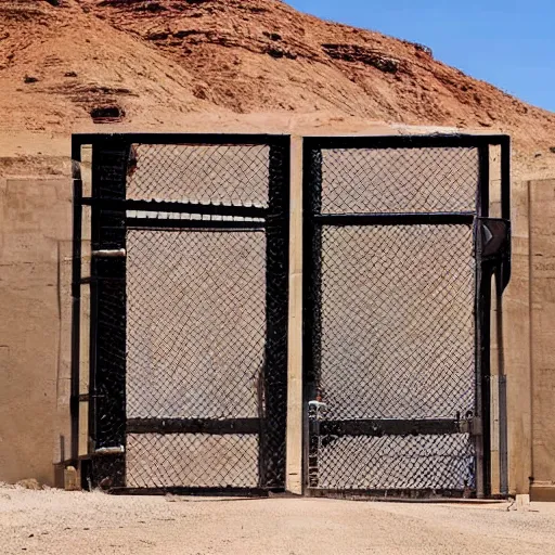 Image similar to a giant closed metal gate inside a secret laboratory in the desert