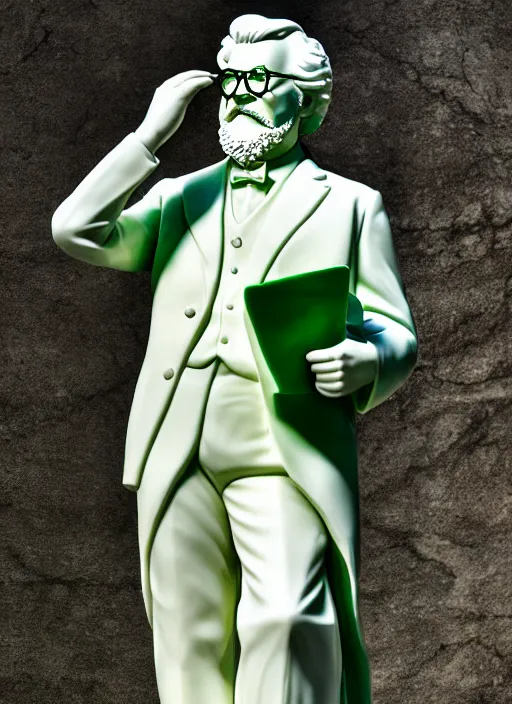 Prompt: colonel sanders as verde alpi marble statue by michaelangelo, high lights, 4 k, high detailed photography, 5 0 mm lens, depth of field, cinematic