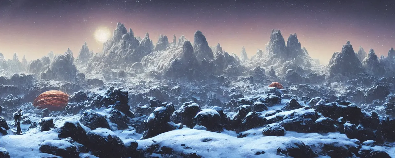 Image similar to ” outer planet with snow topped rock archs mountains, [ art by paul lehr, cinematic, detailed, epic, widescreen, opening, establishing, mattepainting, photorealistic, realistic textures, octane render ] ”