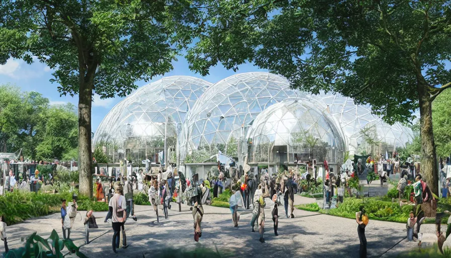 Prompt: outside view of futuristic zoo in london with white glass domes with paths around it, gardens and crowded place, trees, day, hyperdetailed, artstation, cgsociety, 8 k