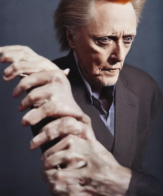 Image similar to a color photograph of christopher walken, by annie leibovitz and thomas ruff, platinum blond, intense, bold, exaggerated, overblown, ultra sharp, extra details, ultra high quality, trending on pinteresst