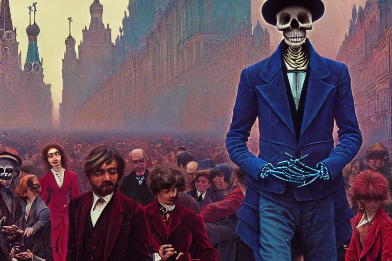 Image similar to realistic detailed photorealistic film closeup portrait shot of a single skeleton wearing crimson velvet blazer in a crowded futuristic moscow street by Denis Villeneuve, Amano, Yves Tanguy, Alphonse Mucha, Ernst Haeckel, Andrei Tarkovsky, Edward Robert Hughes, Roger Dean, rich moody colours, wide angle, blue eyes