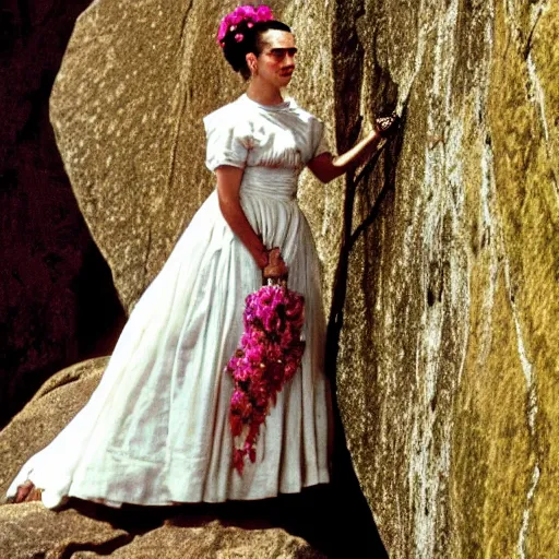 Image similar to Ultra realistic close-up of Frida Kahlo in a wedding dress rock climbing a steep wall, hd