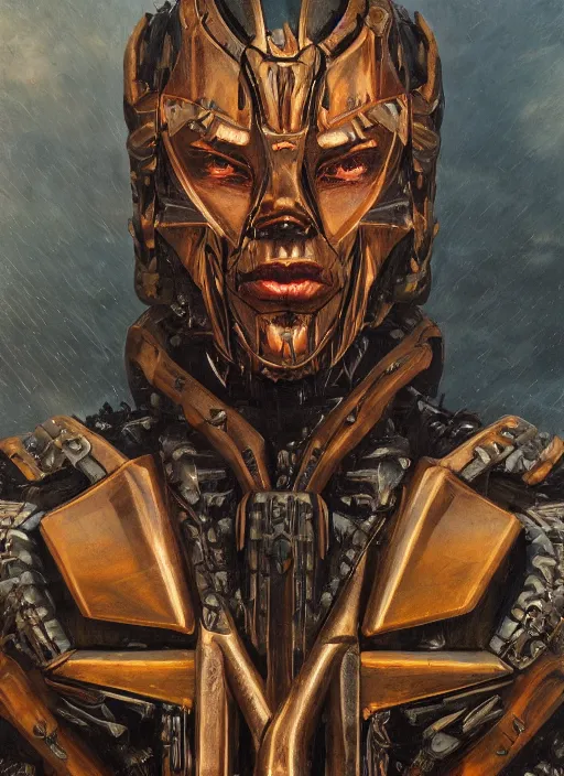 Image similar to symmetry! closeup biblical diabolical beautiful wooden cyborg! stylish armor, heavy eyes to the side, closeup, bright glowing eyes, in clouds, rain, sunset, portrait, by gerald brom, by mikhail vrubel, by peter elson, muted colors, extreme detail, mirrors, trending on artstation, 8 k