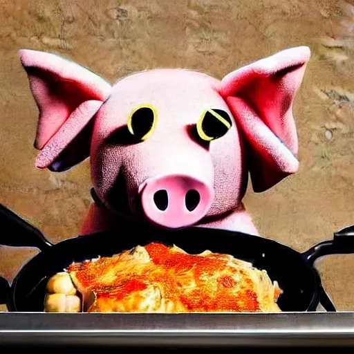 Image similar to landscape studio photograph of a pig cooking dinner depicted as a muppet