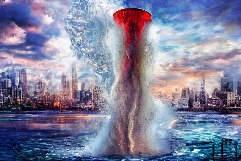 Image similar to water tornado in the city, photorealistic, highly detailed, sharp focus, vivid, colorful, symmetrical