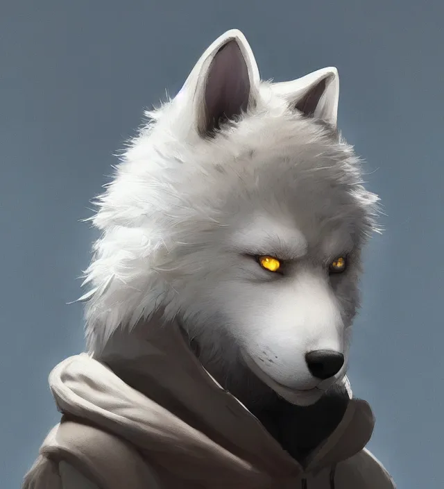 Image similar to a beautiful portrait of a handsome male anthropomorph white wolf furry fursona wearing a hoodie. character design by cory loftis, fenghua zhong, ryohei hase, ismail inceoglu and ruan jia. artstation, volumetric light, detailed, photorealistic, rendered in octane