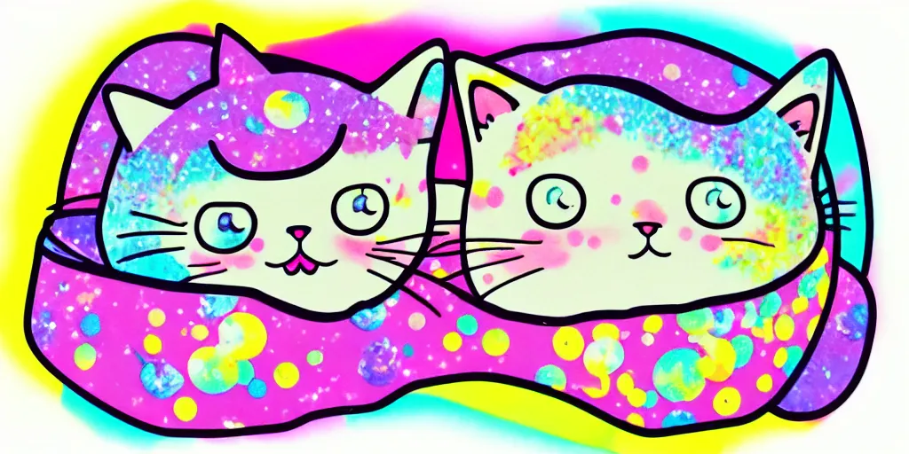 Image similar to a cat burrito, puffy sticker, glitter sticker, kawaii by studio ghibli, by lisa frank 8 k pastel colours, neon colours, fluorescent colours,