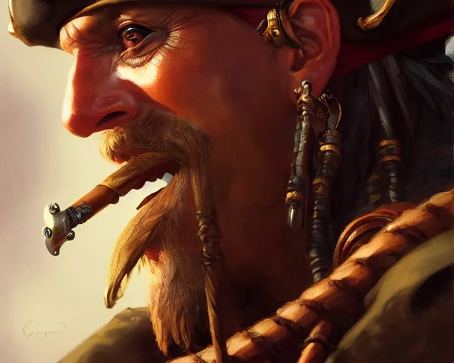 Image similar to close up of an old pirate drinking rum, deep focus, d & d, fantasy, intricate, elegant, highly detailed, digital painting, artstation, concept art, matte, sharp focus, illustration, hearthstone, art by artgerm and greg rutkowski and alphonse mucha