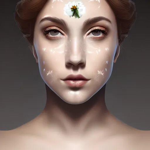 Prompt: hight focus of a wonderful realistic sweet wonderful symmetrical profile portrait of a lady with a clear skin, she has a realistic white rose on her lips, dramatic light, cinematic, artstation, octane render 8 k s 1