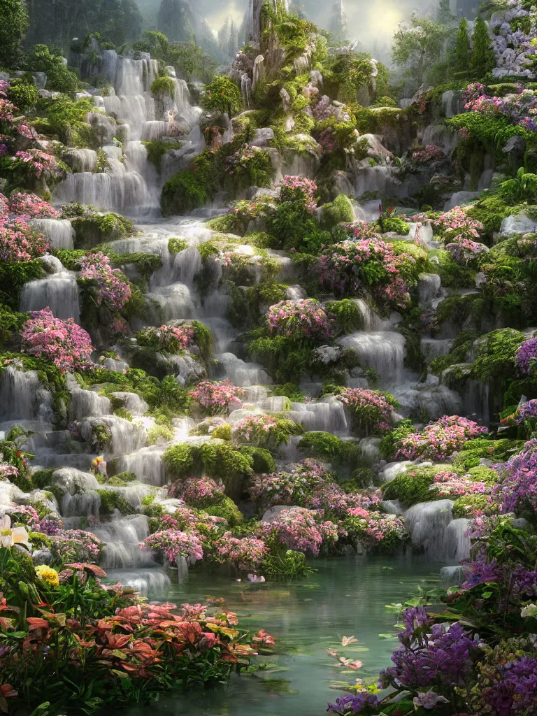 Prompt: magic palace, flowers, white, luminous water, magic, realism, redshift rendering, blender, super detail, lifelike, 8 k, masterpiece, functional, art station, extreme long shot, by john frederick kensett